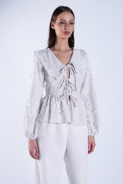 Ecru Gray Baby Collar Tie Detail Tasseled Woven Blouse Alc-X15129