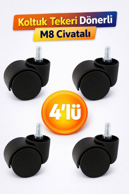 Koltuk Tekeri Dönerli M8 Civatalı 4'lü Set Siyah Dayanıklı Mobilya Sandalye Ofis Yedek Tekerlek