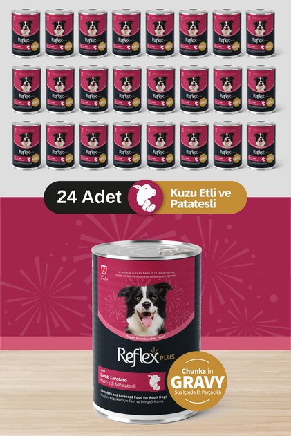 Plus Sos İçinde Et Parçacıklı Kuzu Etli ve Tatlı Patatesli Yetişkin Köpek Maması 400g x 24 Adet