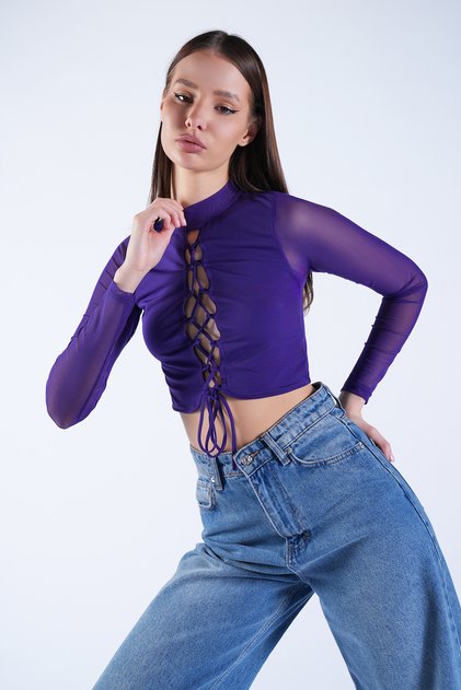 Purple Stand Collar Lace-Up Front Transparent Sleeves Blouse Alc-X15127