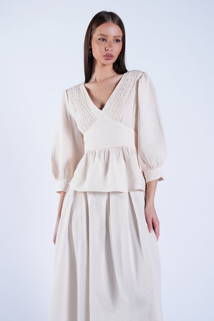 Beige Deep V-Neck Lace Embroidered Muslin Blouse Alc-X15133