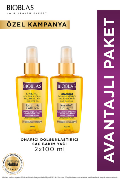 Keratin & Kolajen Onarıcı Dolgunlaştırıcı Saç Bakım Yağı 2 x 100 Ml İnce Yıpranmış Saçlar