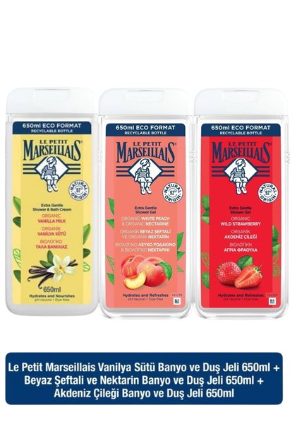 Beyaz Şeftali ve Nektarin 650 ml + Vanilya Sütü 650 ml + Akdeniz Çileği Duş Jel