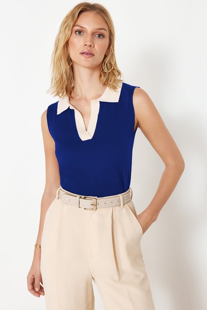 Koyu Cobalt Blue Polo Neck T-Shirt Look Knitwear Blouse Twoss24Bz00273