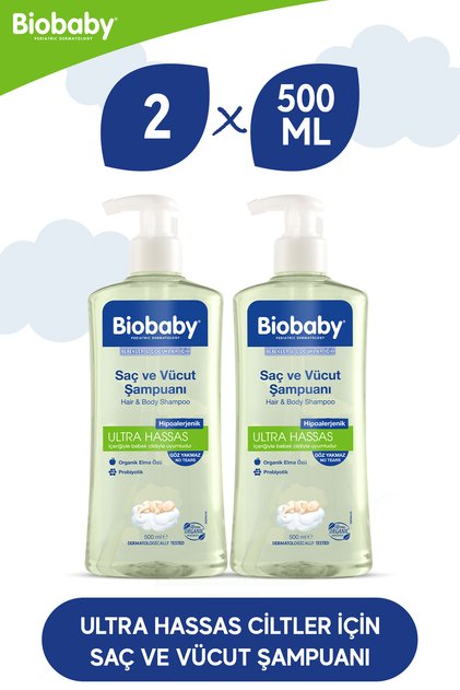 Ultra Hassas Saç ve Vücut Bebek Şampuanı 500 ml - 2 li Set – Organik Elma Suyu ve Prebiyotik İçerir