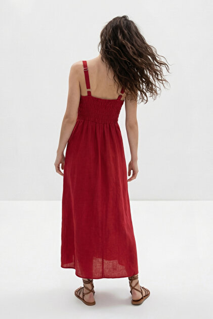 Trendyol Collection Red Linen Look Strap Maxi Woven Dress Twoss26El00664-  Trendyol