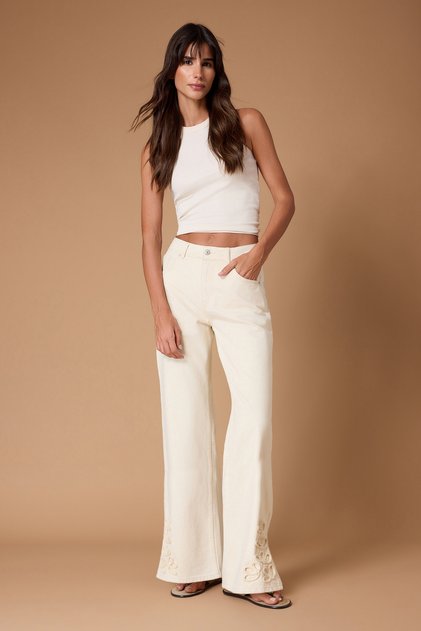 Ekru DÖKÜMLÜ %100 Pamuk Yüksek Bel Wide Leg Jeans TWOSS26JE00237