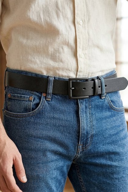 Men's 100% Genuine Leather 4 cm Sports Black Belt