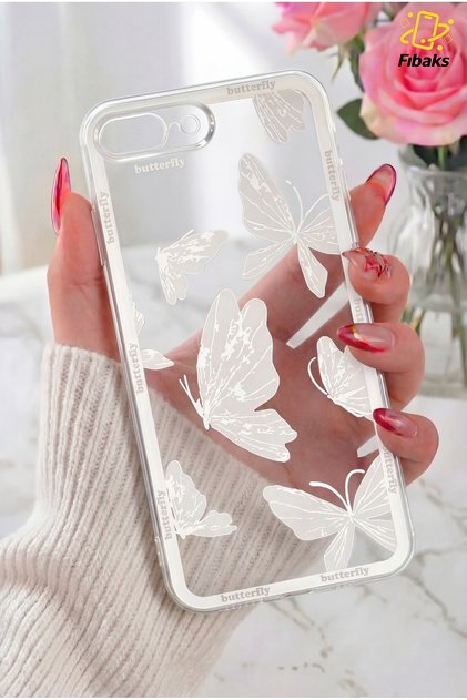 iPhone 7 Plus/8 Plus Kılıf Tasarımlı Desenli Kamera Korumalı Şeffaf Kelebek Esnek Yumuşak Silikon