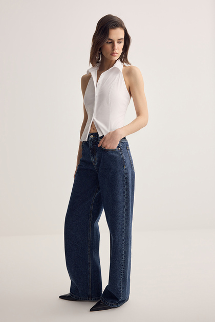 Muu Muse for all x Trendyolmilla Koyu Mavi Orta Bel Baggy %100 Pamuk