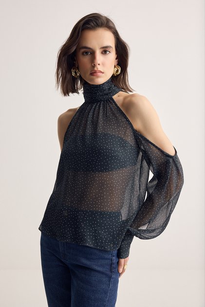 Navy Blue Polka Dot Pattern Transparent Detailed Woven Blouse Twoss26Bz00456