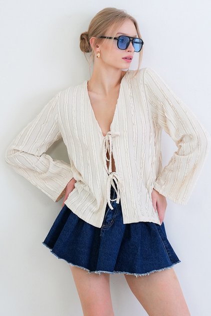 Ecru V-Neck Ruffle Fabric Knitted Blouse with Tie Detail Alc-X15415