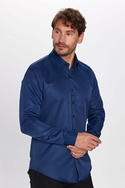 Tudors Slim Fit Long Sleeve Easy Ironing Sweat Absorbing Breathable Texture Tie Four Seasons Navy Blue Men's Shirt- Trendyol Tudors Slim Fit Long Sleeve Easy Ironing Sweat Absorbing Breathable Texture Tie Four Seasons Navy Blue Men's Shirt- Trendyol