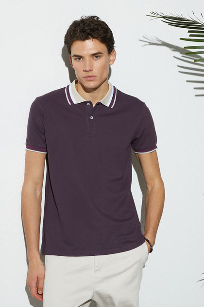 Men's Slim Fit Slim Fit 100% Cotton Lilac Polo Neck T-Shirt