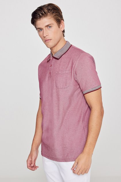 Men's Shrink-Resistant Cotton Fabric Regular Fit Comfortable Cut Burgundy Non-Roll Polo Collar T-Shirt with Pockets