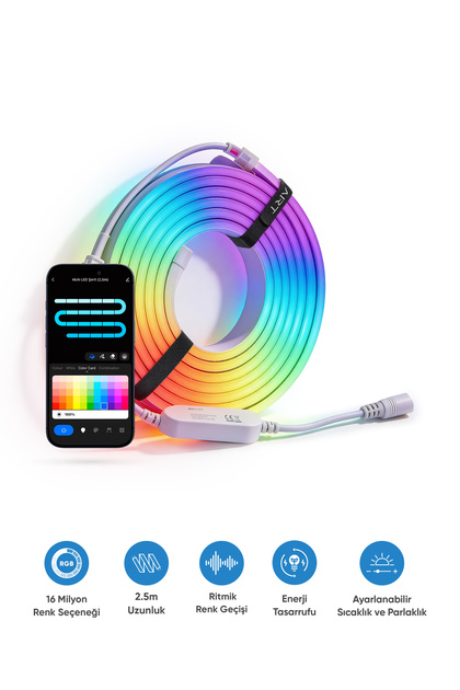 Akıllı Neon LED Şerit 2.5 Metre Wi-Fi Kontrollü RGB LED Aydınlatma