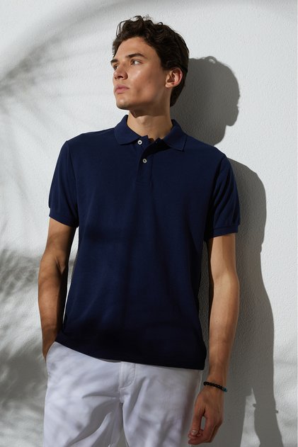 Men's Slim Fit Slim Fit Cotton Soft Textured Cool Fabric Plain Pique Navy Blue Polo Neck T-Shirt