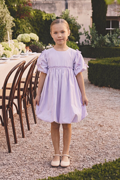 Girl's Bow Detailed Summer Balloon Dress Lilac