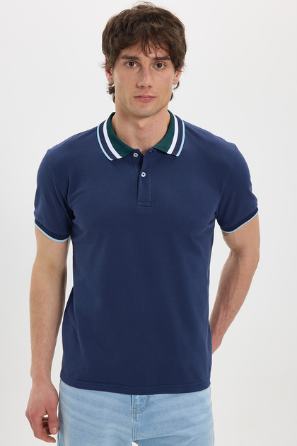 Men's slim fit tight cut 100% cotton navy blue polo neck t-shirt