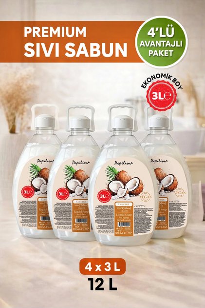 Hindistan Cevizi Özlü Sıvı Sabun Nemlendirici Vegan Tazelik Ekonomik Paket (4x3000) 4 Adet 3000 ml