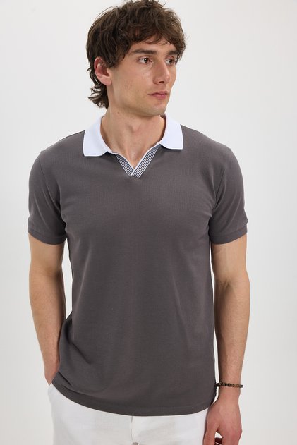 Men's slim fit tight cut 100% cotton dark gray polo neck t-shirt