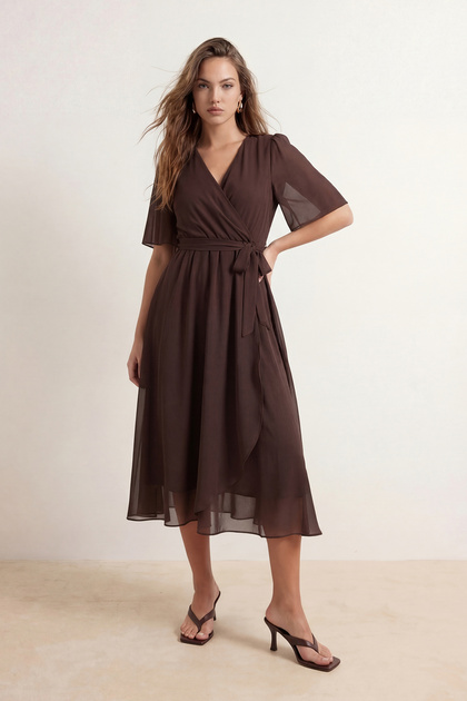 Trendyol Collection Brown Chiffon Short Sleeve Plain Maxi Woven Dress  Twoss26El00890