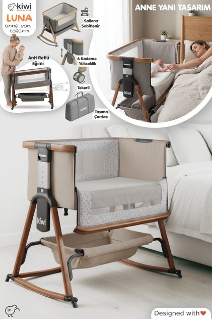 Luna 2’si 1 Arada Anne Yanı Beşik – Katlanabilir, 6 Kademe Yükseklik, Mesh Pencere,Taşınabilir-Kahve