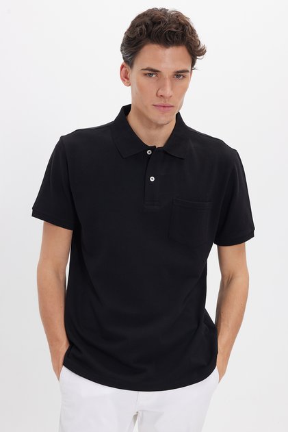 Men's Regular Fit Classic Cut 100% Cotton Plain Pique Black Polo Neck T-Shirt with Pockets