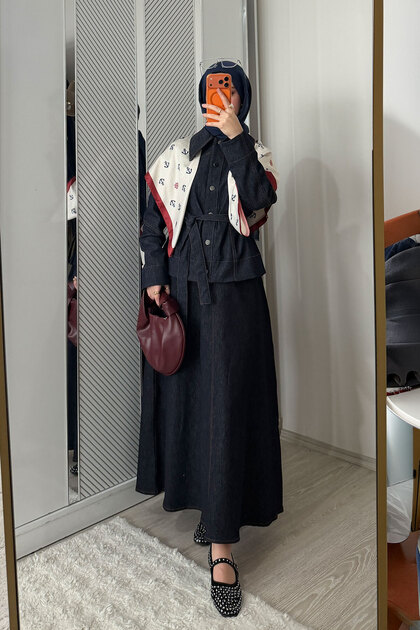 Women's Ornamental Stitching Detail Denim Suit Navy Blue