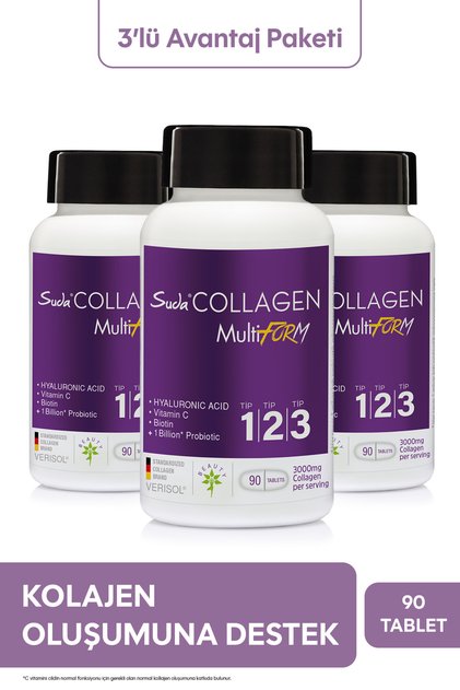 Multiform Kolajen Tip 1 2 3 ,Vitamin C,Biotin,Hyaluronik Asit,Saç,Tırnak,Cilt 90 Tabletx3 Adet