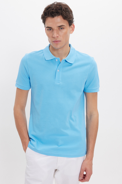 Men's Slim Fit 100% Cotton Short Sleeve Polo Collar Blue T-Shirt