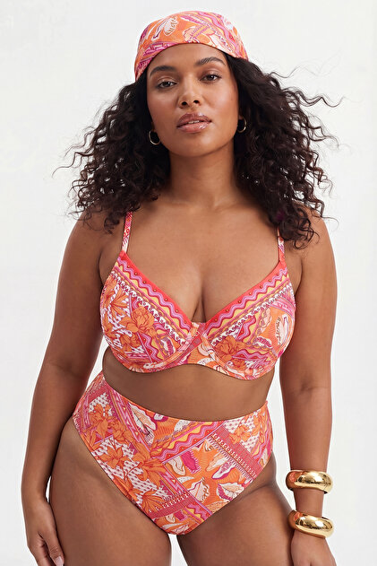 Multi-Colored Shawl Patterned Collar Stone Detailed Plus Size Bikini Top Tbbss26Ct00010