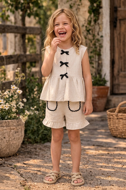 Girls' Bow Detail Shorts Linen Summer Two-Piece Set
