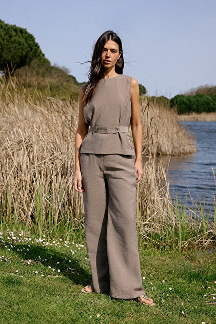Vizon Modal Düğme Kemerli Bluz Geniş Paça Pantolon Dokuma Alt - Üst Takım TWOSS26AU00102