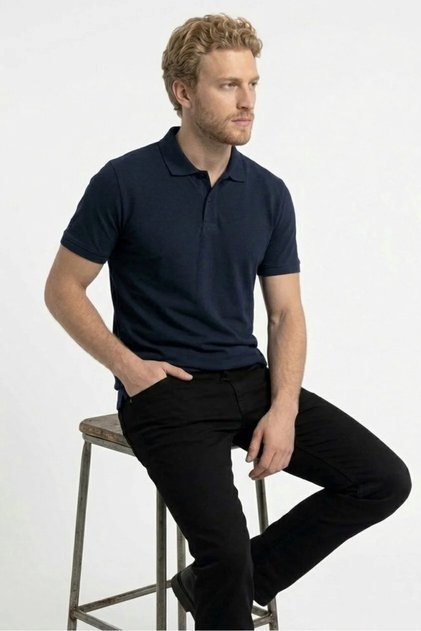 Men's Anti-Shrink Cotton Fabric Regular Fit Navy Blue Non-Curling Polo Collar T-Shirt