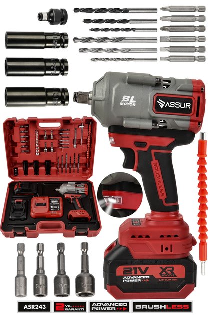 21V 1100 NM Torklu Çift Akülü 10 Pilli 1/2 Kırmızı Şarjlı Somun Sıkma Sökme Makinesi