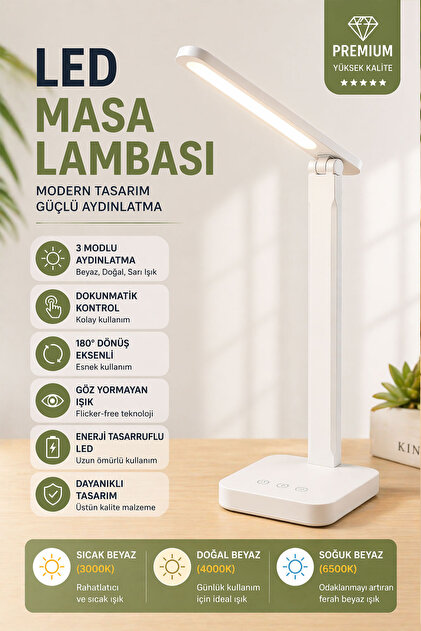 Badem10 Şarjlı Led Masa Üstü Lambası 3 Renk Dokunmatik Standlı