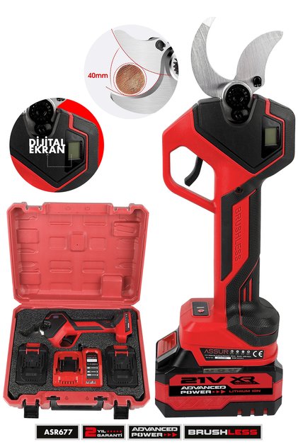 21V Çift Akülü 40 mm Ağaç Odun Dal Kesme Makinesı Şarjlı Dijital Budama Makası Kırmızı