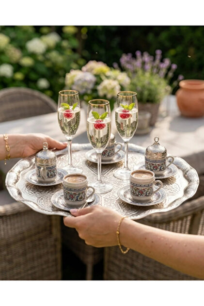 White Round Serving Tray for 6 People, Elegant Wavy Patterned Tea and Coffee Serving Tray