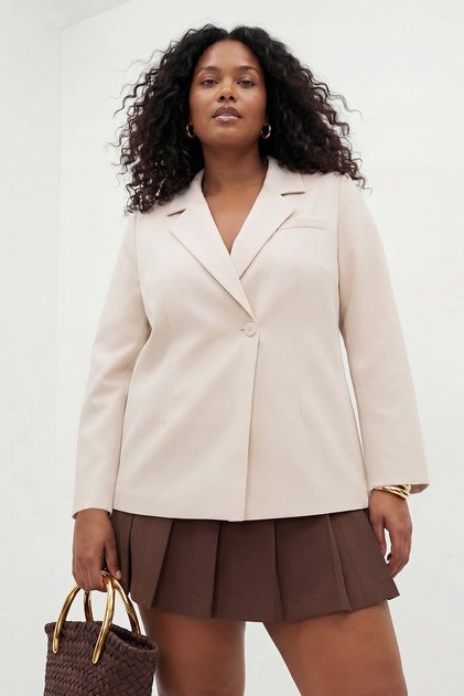 Off-White Fitted Single Button Woven Lined Padded Shoulders Blazer Jacket Tbbss26Ag00013