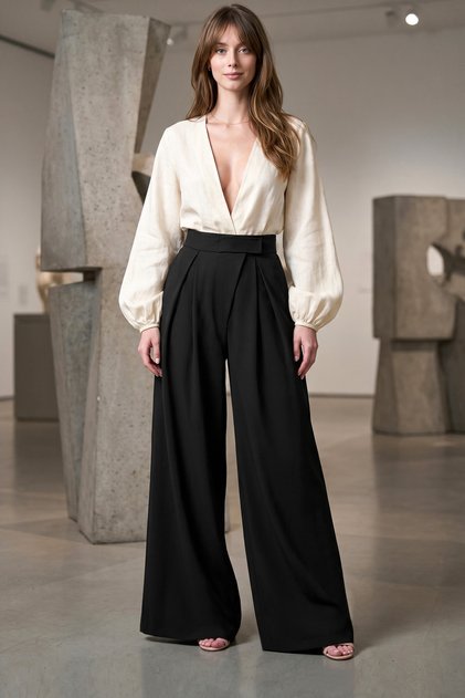 Ds Sevi Black Palazzo Pants with Pockets, Lycra at the Waist, Velcro Fastening, and Comfortable Cut with Ultra Wide Legs