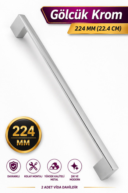 Gölcük Krom (224 MM - 22.4 CM) Mobilya Mutfak Çekmece Dolap Dolabı Kapak Metal Kulpu Kulbu Kulpları