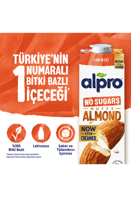 Şekersiz Badem Sütü 1 L Vegan Laktozsuz Bitkisel Bazlı