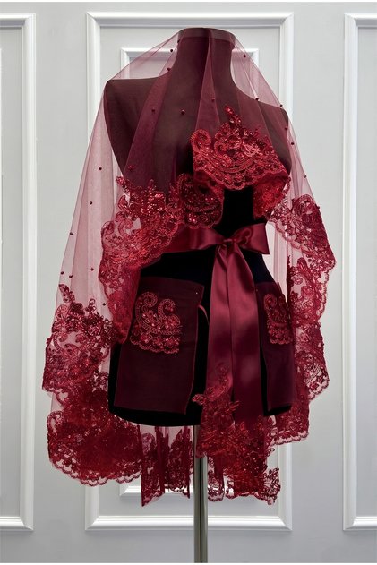 Burgundy Bridal Veil Set, Sparkling Lace and Pearl Decorated Henna Night Veil and Head Cover, 6 Pieces