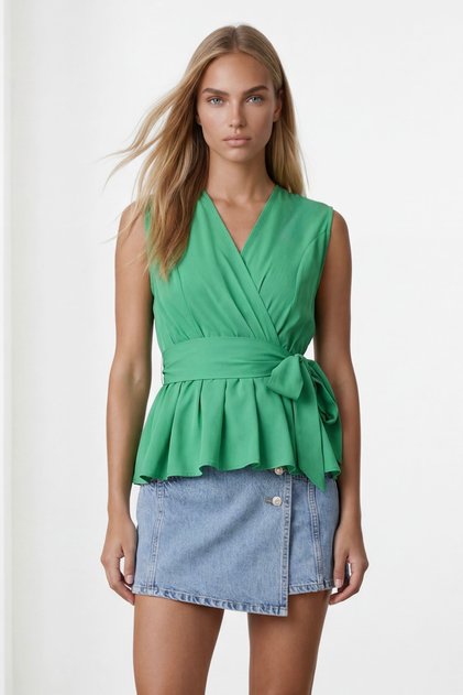 Vibrant Green Double-Breasted Collar Skirt with Flounces and Self-Tie Belt Summer Poplin Blouse Alc-X14126