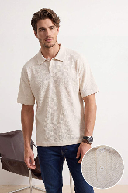 Trendyolmilla Man Ekru Oversize/Geniş Kesim Dokulu Polo Yaka T