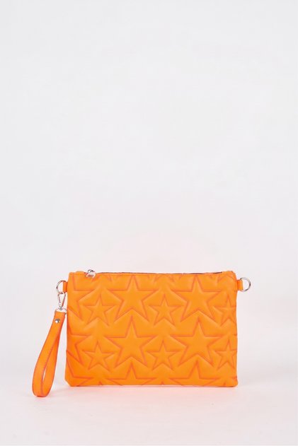 Women's Neon Orange Star Embroidered Faux Leather Portfolio Handbag and Clutch Bag with Chain Strap