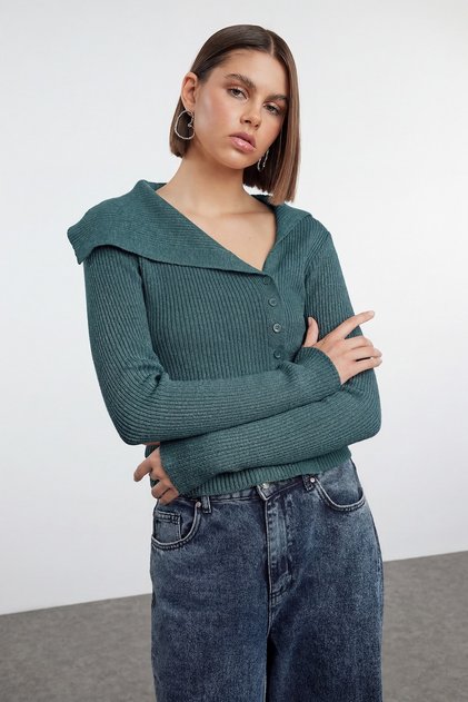 Petrol Mercerized Look Premium/Special Yarn Fitted/Body-Hugging Crop Knitwear Cardigan Twoaw25Hi00254