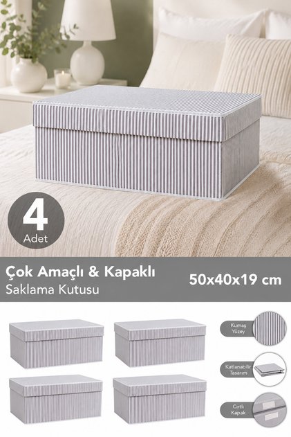 4 Adet Kapaklı Çok Amaçlı Hurç Saklama Kutusu Organizer Baza 50 X 40 X 19 Cm Gri