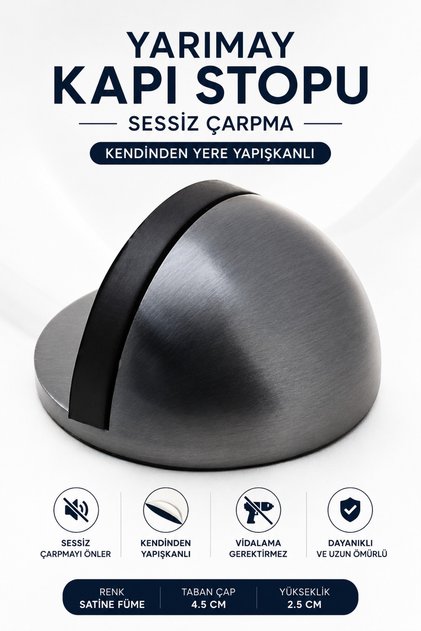 Yarımay Yapışkanlı Kapı Kolu Stoperi Tamponu Metal Kapı Stopu Durdurucu Tutucu Tutacağı Satine Füme